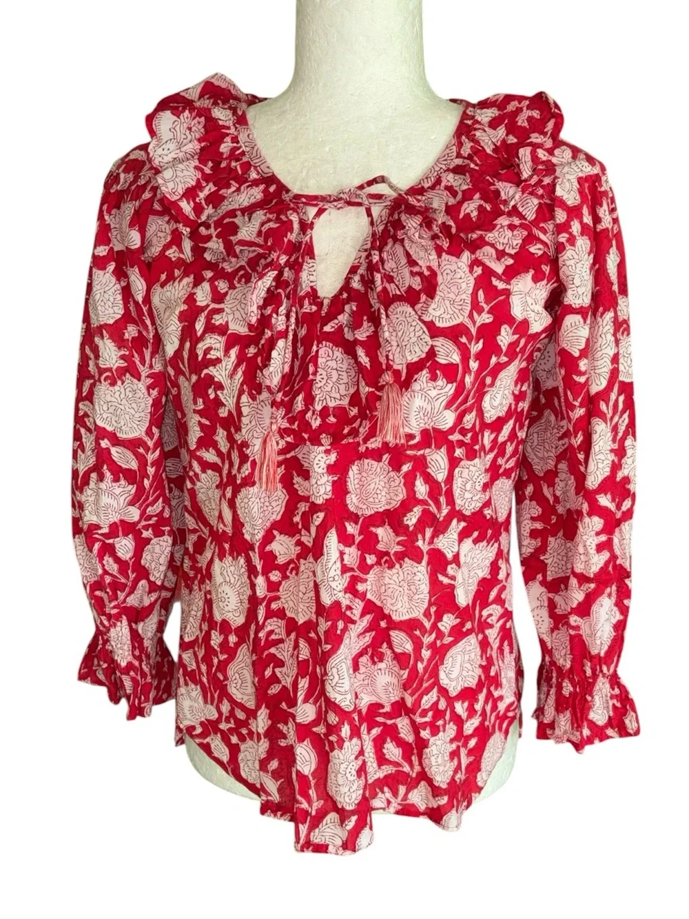 Anthropologie Mille May Red Zinnia Floral Print Ruffle Tie Neck Blouse - XXS +